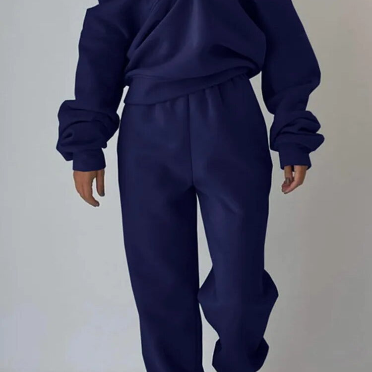 Fashion Comfortable Hooded Women Tracksuit 2Pc Set Casual Street Solid Simple Suits New Loose Hoodie Straight Long Pants Outfits Navy Blue