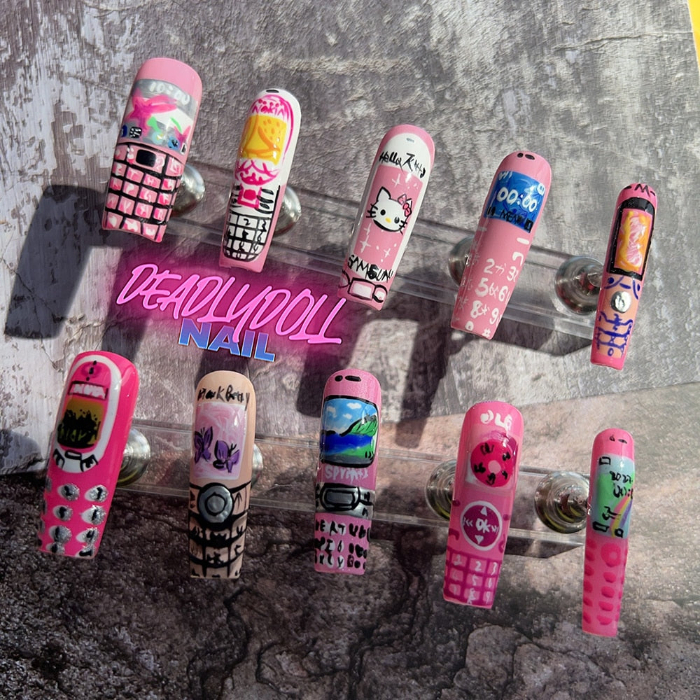 Fashion Cool Personality Cosplay Party Nails Long Coffin 3D High-End Chain Nail Tips Girls Gift Accessories 24