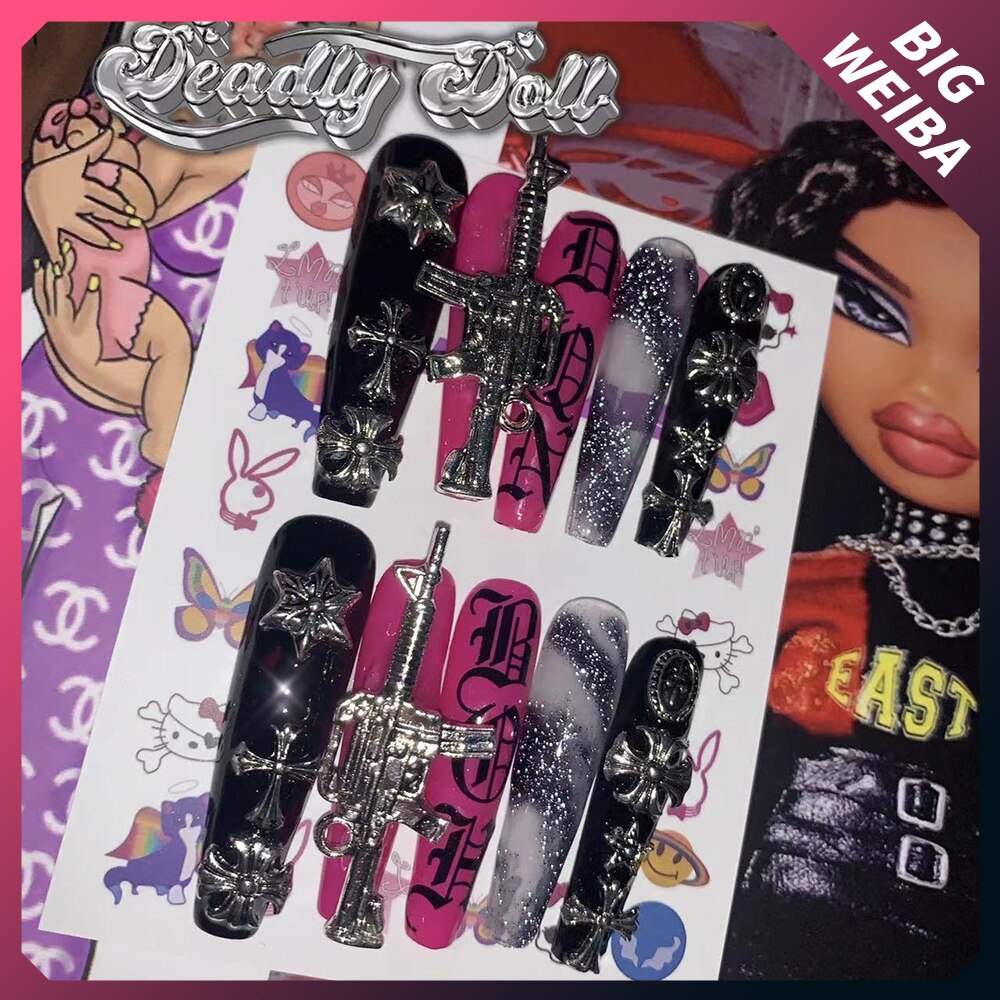 Fashion Cool Personality Cosplay Party Nails Long Coffin 3D High-End Chain Nail Tips Girls Gift Accessories