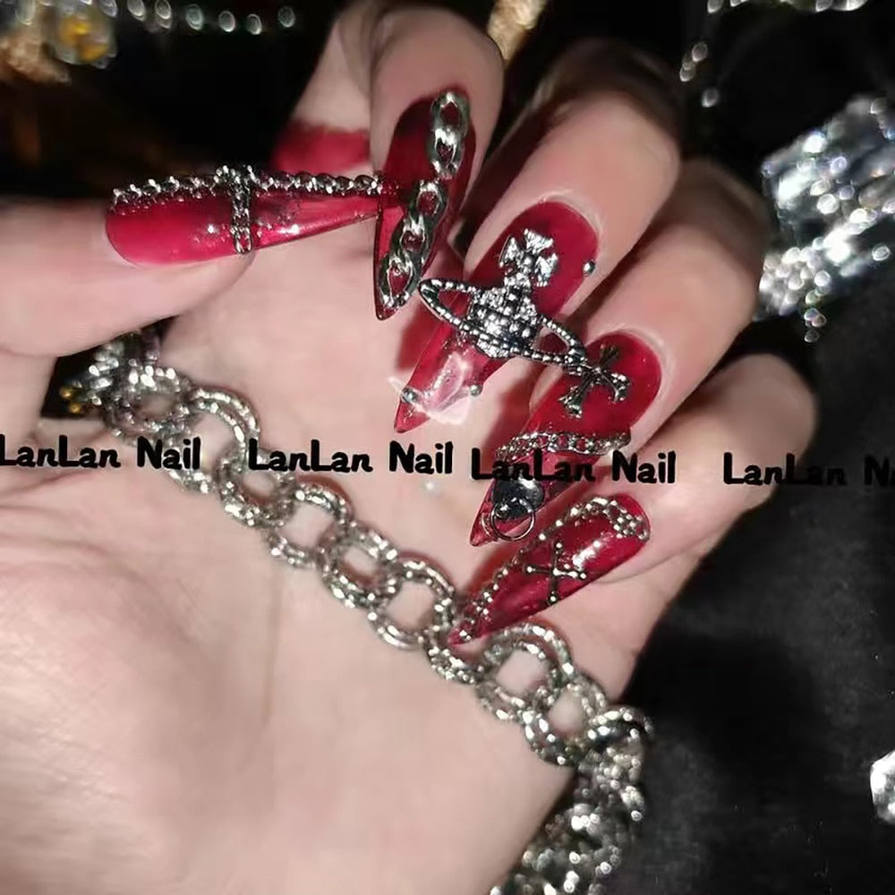 Fashion Cool Personality Cosplay Party Nails Long Coffin 3D High-End Chain Nail Tips Girls Gift Accessories 5