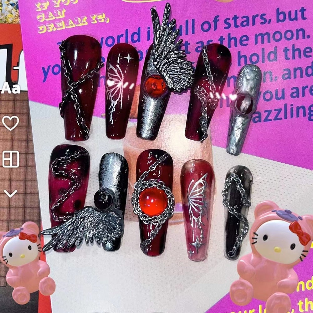 Fashion Cool Personality Cosplay Party Nails Long Coffin 3D High-End Chain Nail Tips Girls Gift Accessories