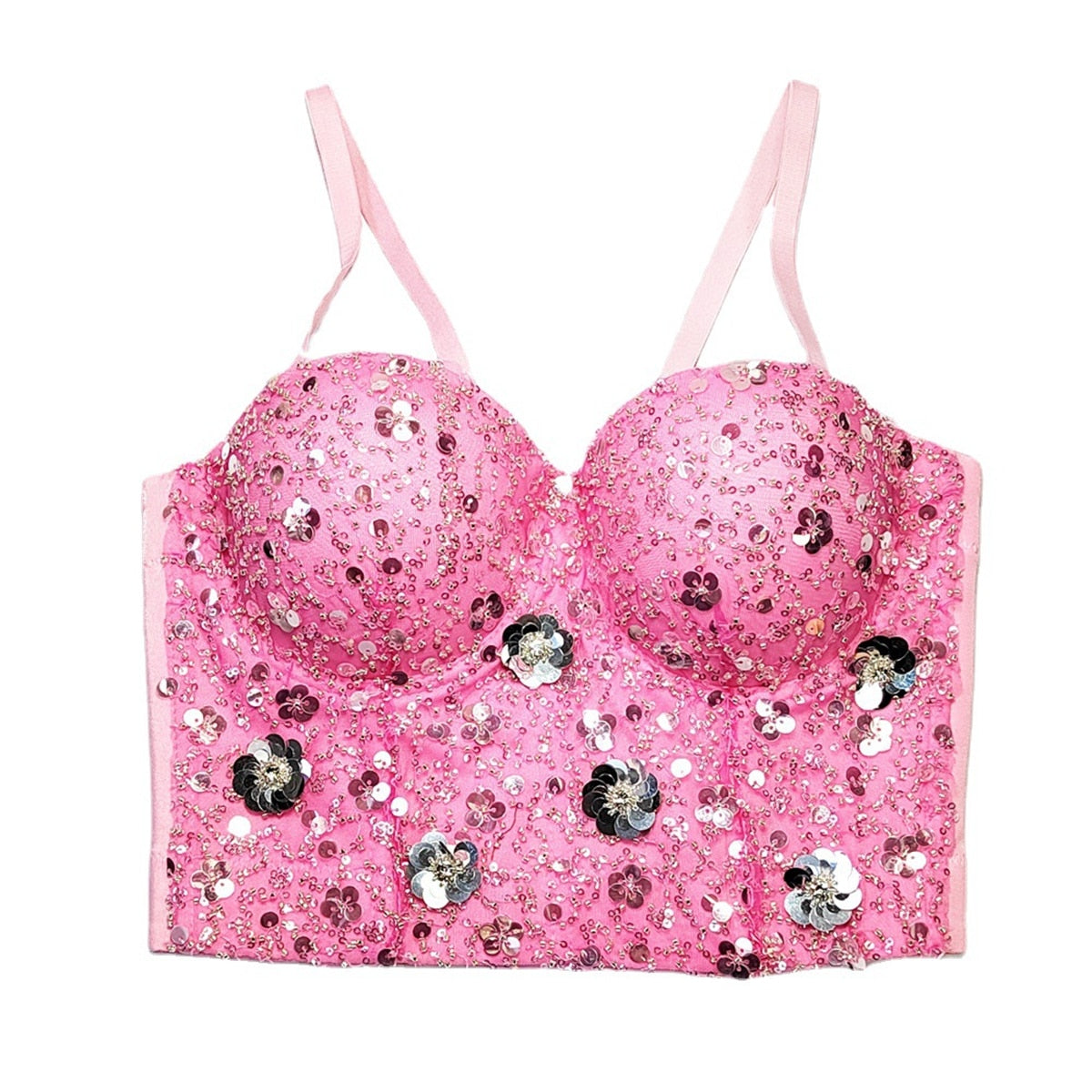 Fashion Crop Top With Built-in Bra Women Beaded Sequins Detachable Strap Female Sexy Ladies Corset Push Up Bustier