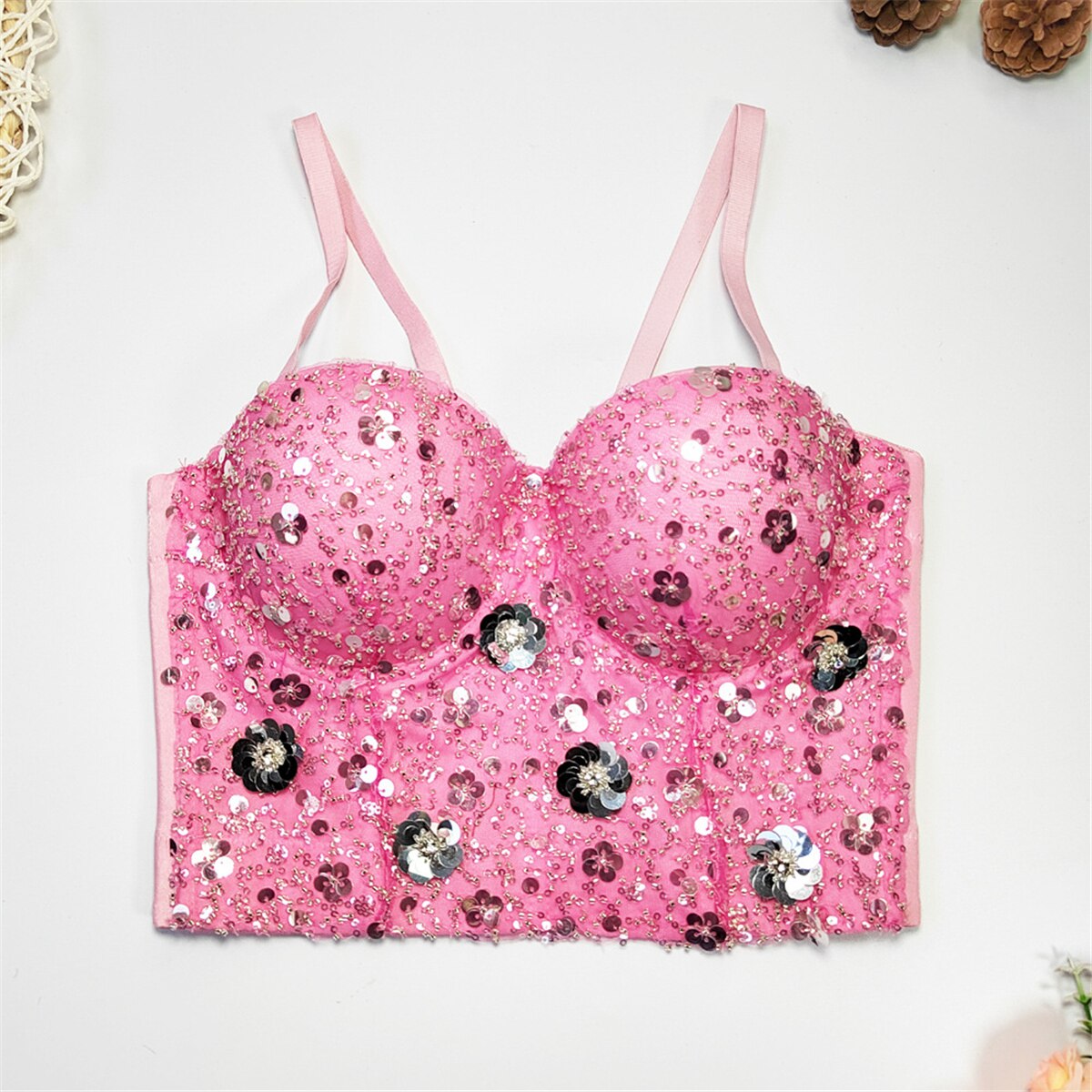 Fashion Crop Top With Built-in Bra Women Beaded Sequins Detachable Strap Female Sexy Ladies Corset Push Up Bustier Pink