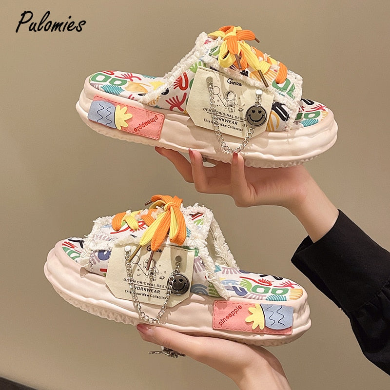 Fashion Design Summer Women Graffiti Slippers Platform Shoes Mules Flip Flops Street Sandals Clogs Flat Casual Shoes For Female AMAIO