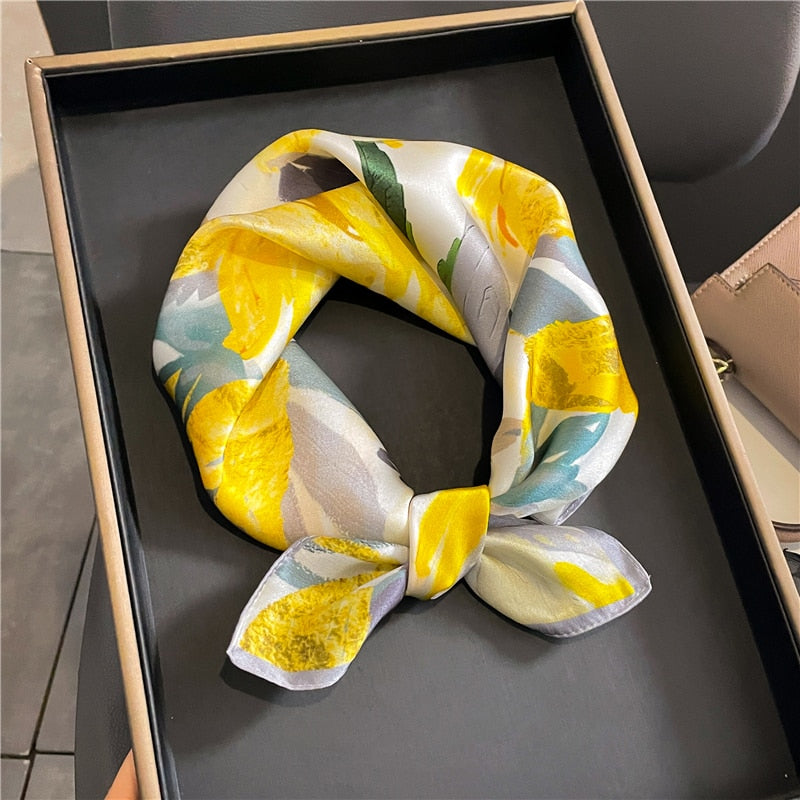 Fashion Designer Print 100% Natural Silk Square Scarves Women Hairband Neck Foulard Female Small Kerchief Bandana New 2024 FZ185-1 53cm real silk