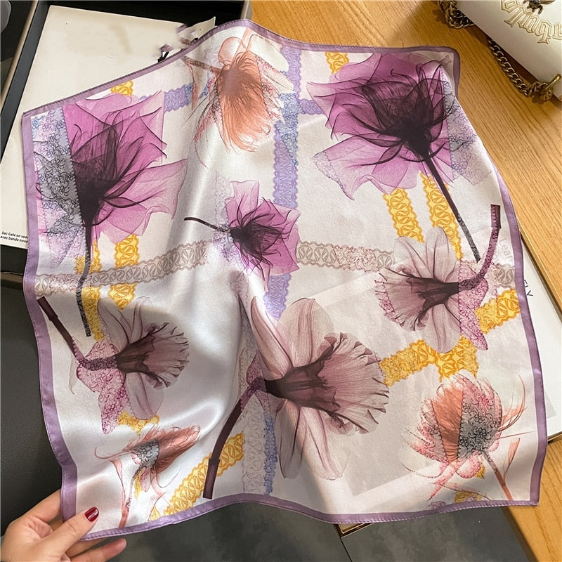 Fashion Designer Print 100% Natural Silk Square Scarves Women Hairband Neck Foulard Female Small Kerchief Bandana New 2024 FZ180-1 53cm real silk