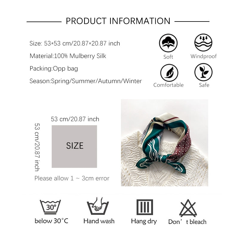 Fashion Designer Print 100% Natural Silk Square Scarves Women Hairband Neck Foulard Female Small Kerchief Bandana New 2024