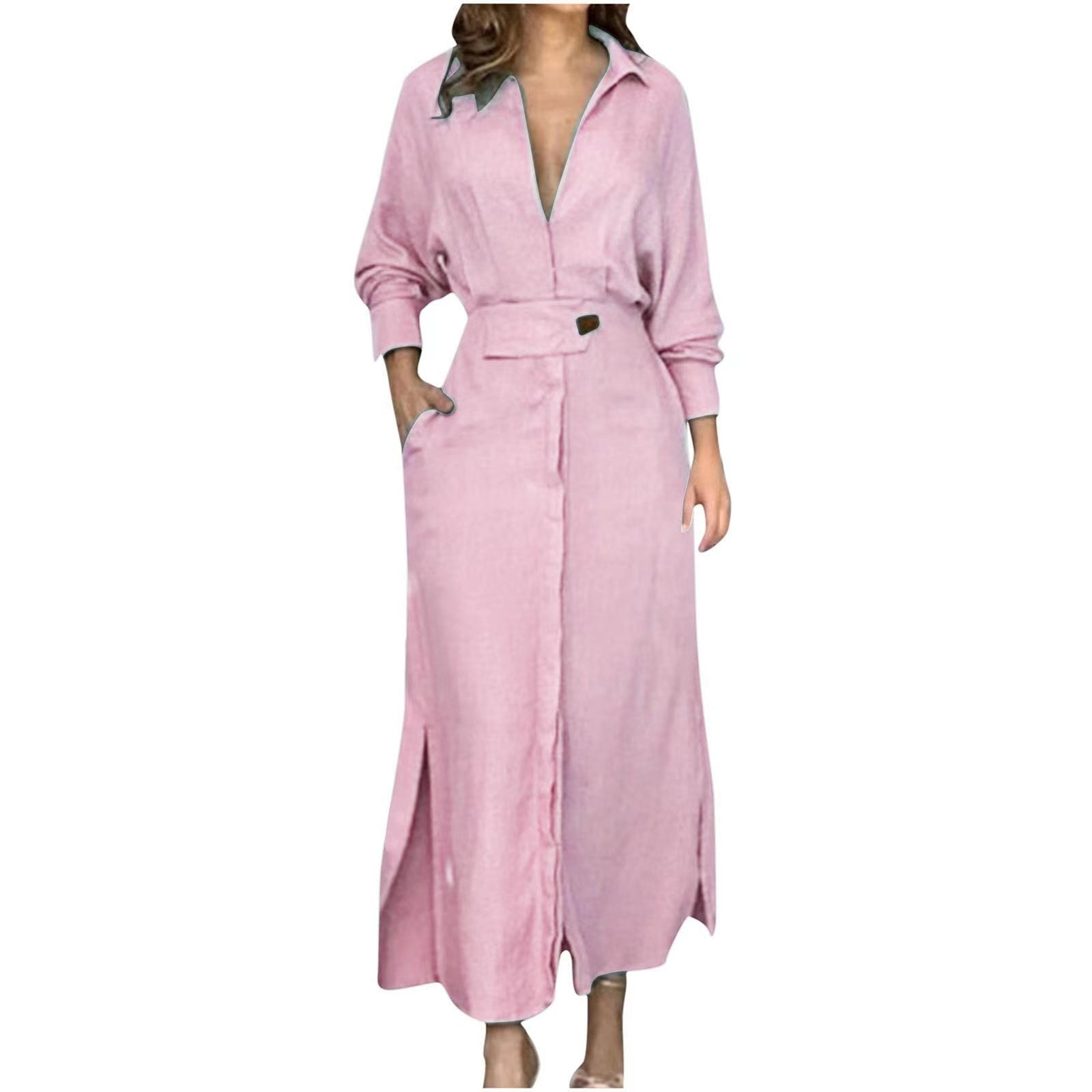 Fashion Dress for Women Luxury Elegant Solid Color Evening Dresses 2024 Party Slip Pockets Chic Promotion Long Sleeve Clothes Pink