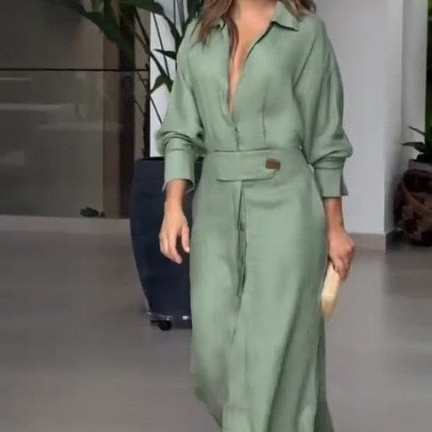 Fashion Dress for Women Luxury Elegant Solid Color Evening Dresses 2024 Party Slip Pockets Chic Promotion Long Sleeve Clothes Green