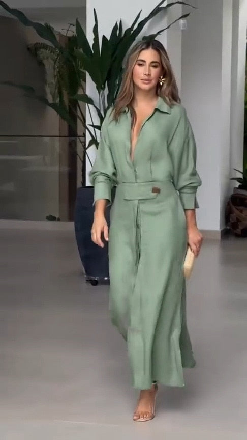 Fashion Dress for Women Luxury Elegant Solid Color Evening Dresses 2024 Party Slip Pockets Chic Promotion Long Sleeve Clothes Green