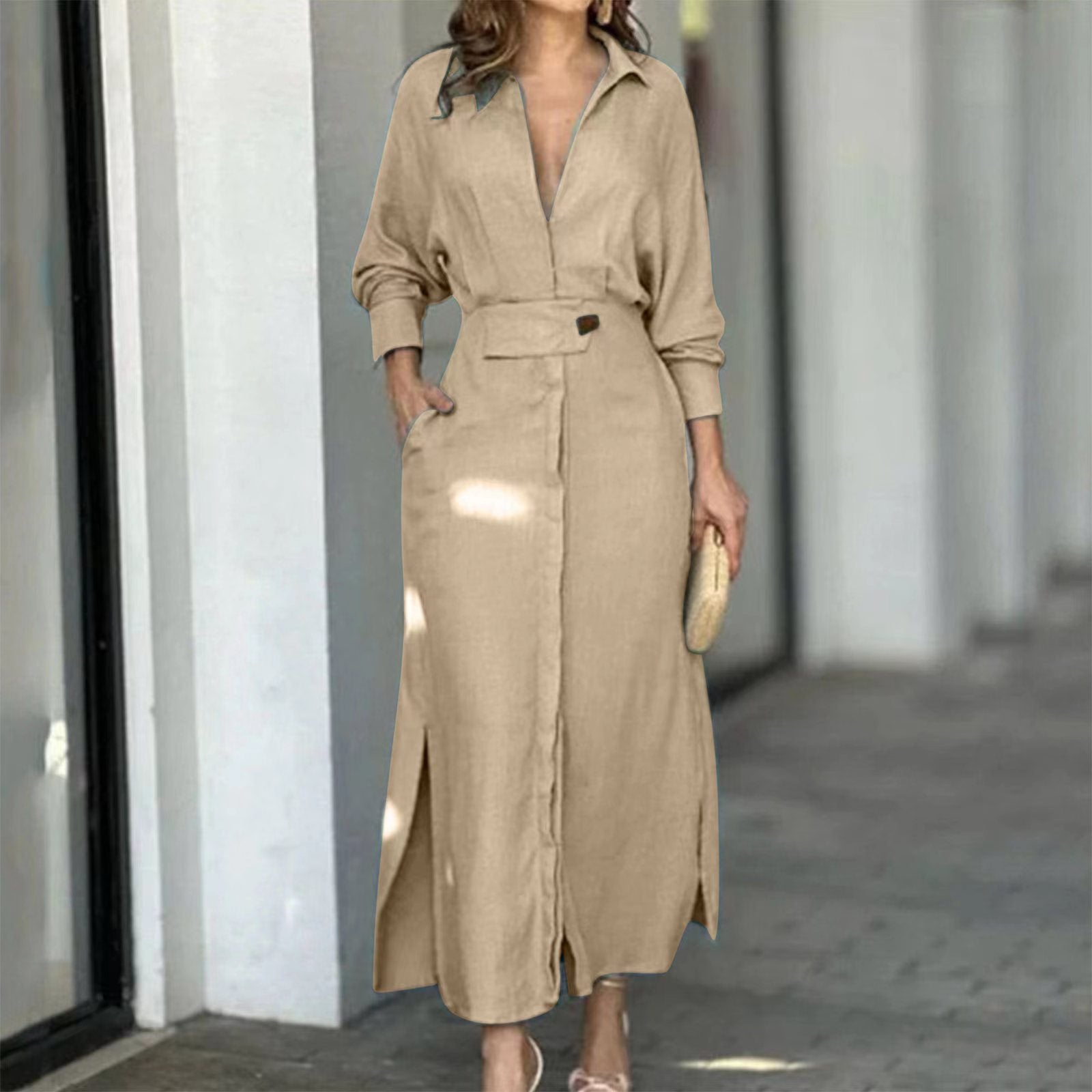 Fashion Dress for Women Luxury Elegant Solid Color Evening Dresses 2024 Party Slip Pockets Chic Promotion Long Sleeve Clothes Beige