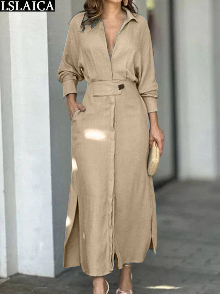 Fashion Dress for Women Luxury Elegant Solid Color Evening Dresses 2024 Party Slip Pockets Chic Promotion Long Sleeve Clothes