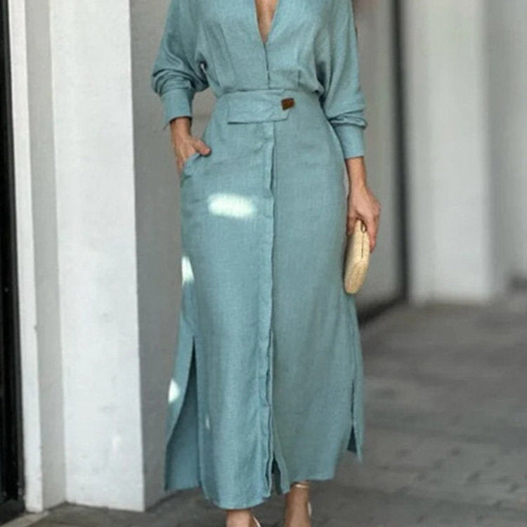 Fashion Dress for Women Luxury Elegant Solid Color Evening Dresses 2024 Party Slip Pockets Chic Promotion Long Sleeve Clothes