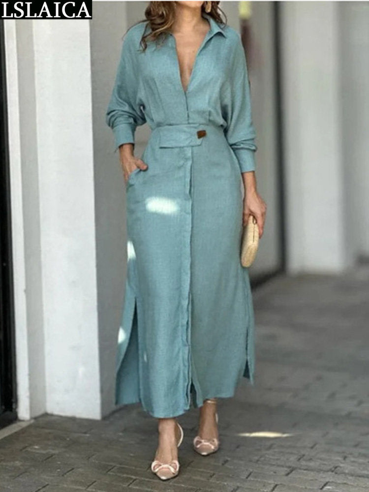 Fashion Dress for Women Luxury Elegant Solid Color Evening Dresses 2024 Party Slip Pockets Chic Promotion Long Sleeve Clothes