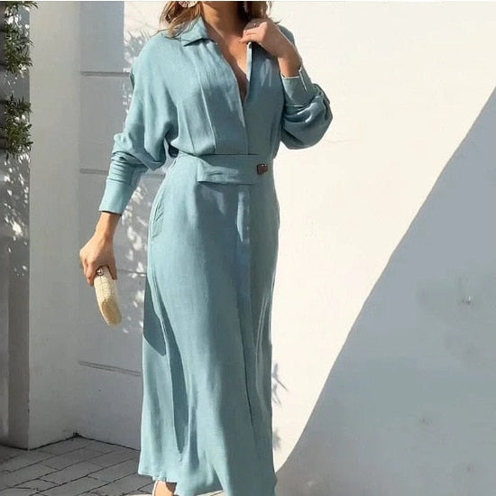 Fashion Dress for Women Luxury Elegant Solid Color Evening Dresses 2024 Party Slip Pockets Chic Promotion Long Sleeve Clothes Sky Blue