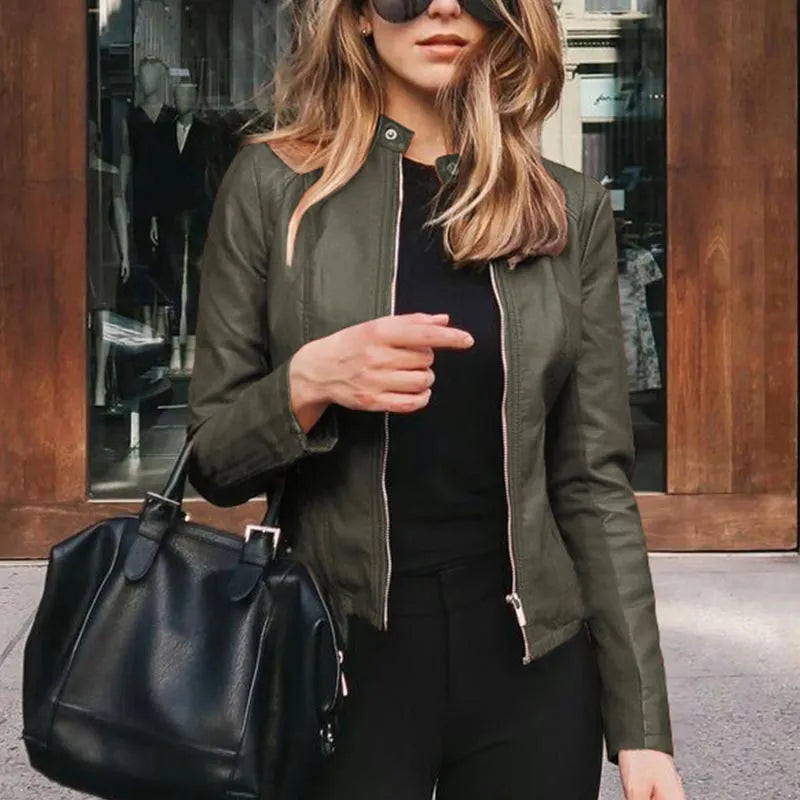 Fashion Faux Soft PU Leather Jackets Autumn Short Coat Motorcycle Leather Jackets Female Slim PU Jacket Outwear army green