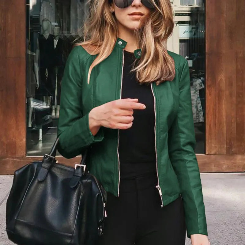 Fashion Faux Soft PU Leather Jackets Autumn Short Coat Motorcycle Leather Jackets Female Slim PU Jacket Outwear green