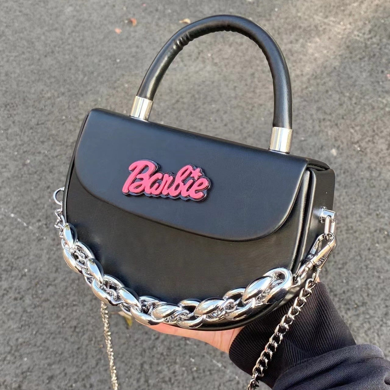 Fashion Female Barbie Letter Chain Crossbody Square Bag Y2K Girls Shoulder Messenger Bag Portable Coin Purse Pouch Handbag Gifts black