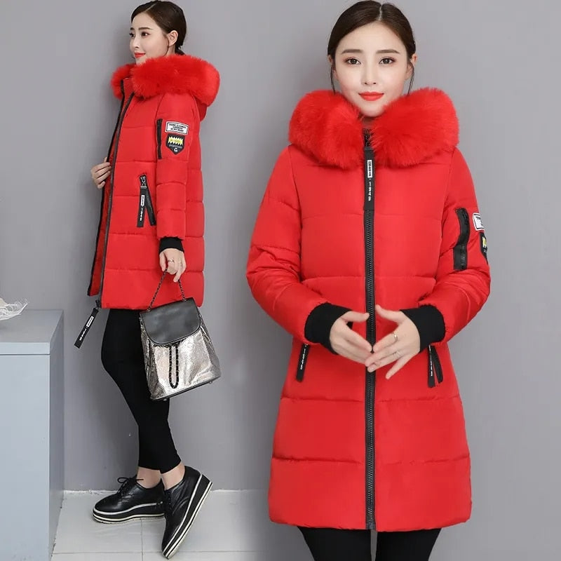 Fashion Fur Collar Hooded Down Cotton Coat Womens Winter Parkas Jacket Long Warm Padded Puffer Parkas Snow Wear Outwear Female Red