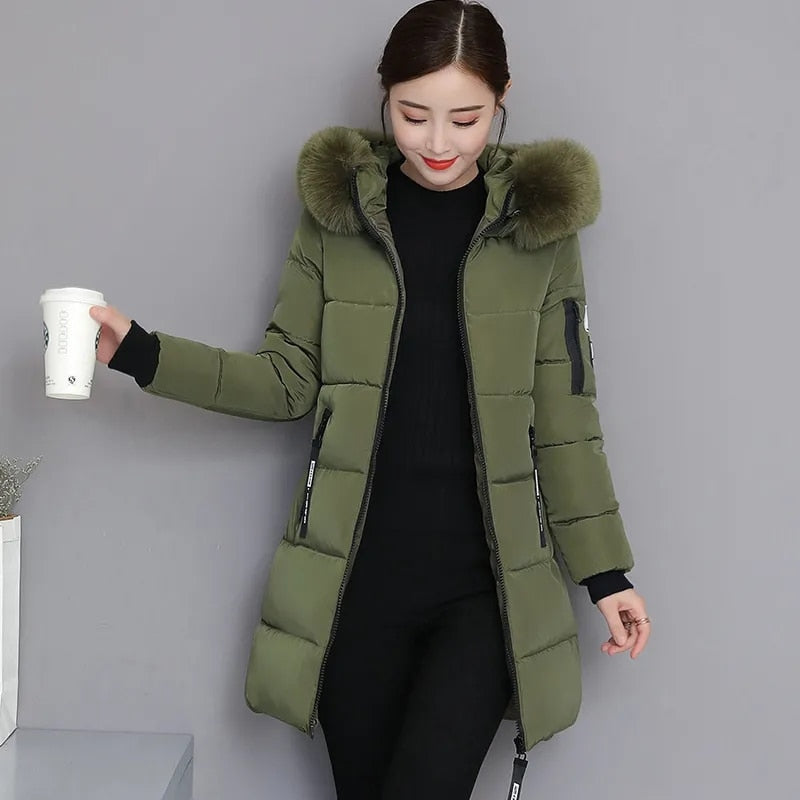 Fashion Fur Collar Hooded Down Cotton Coat Womens Winter Parkas Jacket Long Warm Padded Puffer Parkas Snow Wear Outwear Female Armygreen