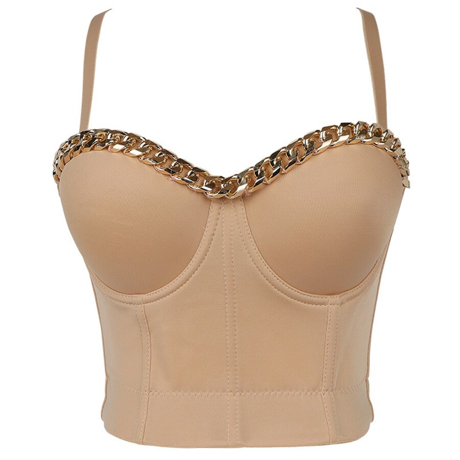 Fashion Gold-Plated Chain Corset Top Nightclub Sexy Tops Women Crop Top To Wear Out Bra Push Up Bustier Female Clothing DB1052 apricot