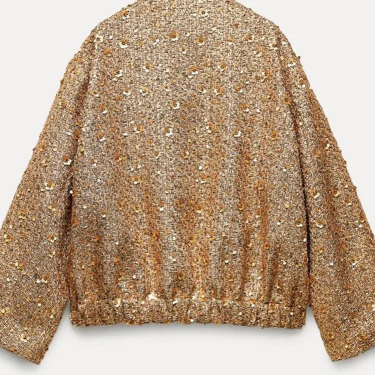 Fashion Gold Sequin O-neck Women Short Jacket Covered Button Long Sleeve Loose Elegant Coat Autumn farty Casual Lady Streetwears