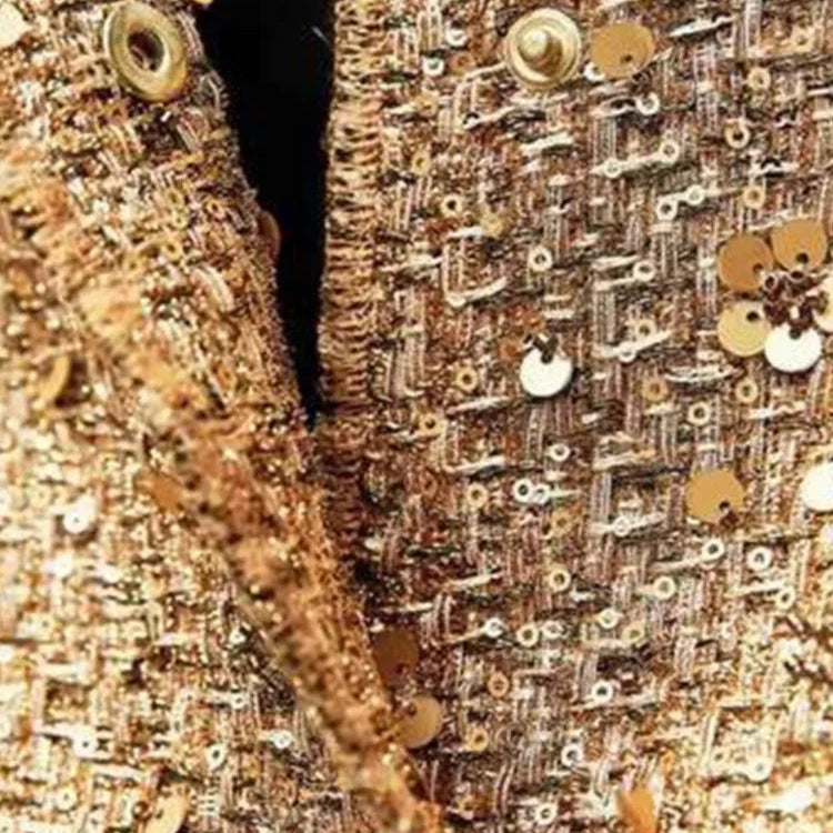 Fashion Gold Sequin O-neck Women Short Jacket Covered Button Long Sleeve Loose Elegant Coat Autumn farty Casual Lady Streetwears