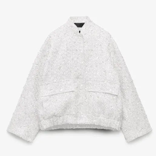 Fashion Gold Sequin O-neck Women Short Jacket Covered Button Long Sleeve Loose Elegant Coat Autumn farty Casual Lady Streetwears white