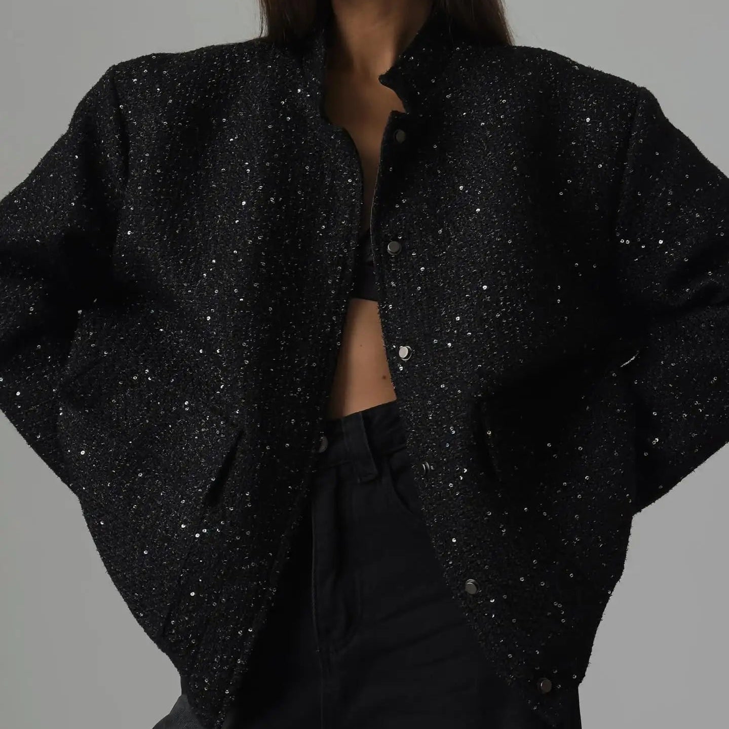 Fashion Gold Sequin O-neck Women Short Jacket Covered Button Long Sleeve Loose Elegant Coat Autumn farty Casual Lady Streetwears no sequins 1