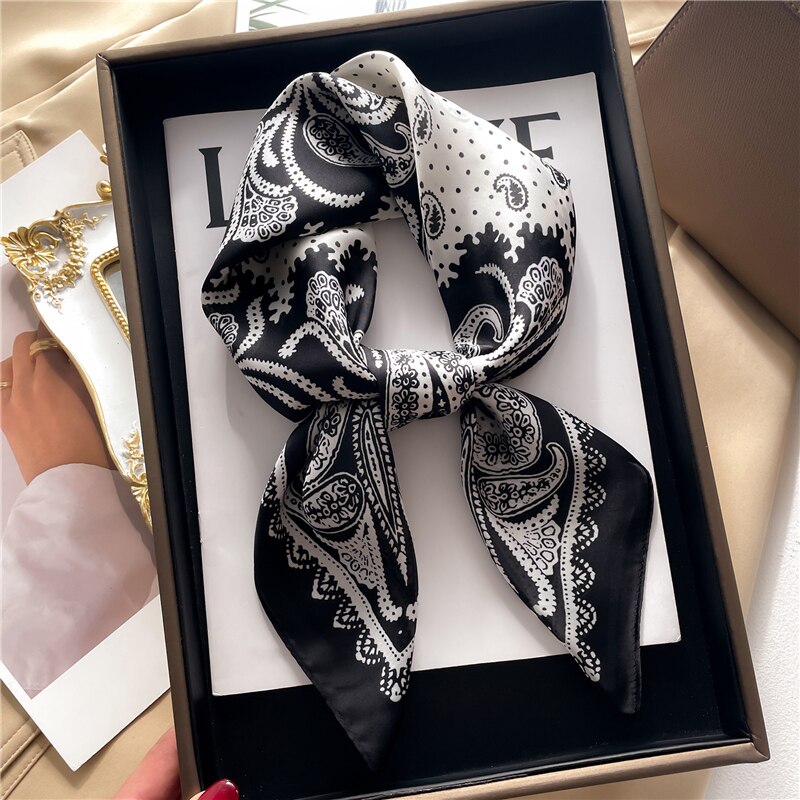 Fashion Hair Scarf for Women Decor Headband Ribbon Satin Silk Square Scarves Lady Wrist Wrap Shawls Design Bandana Foulard 2024 FJ708-1