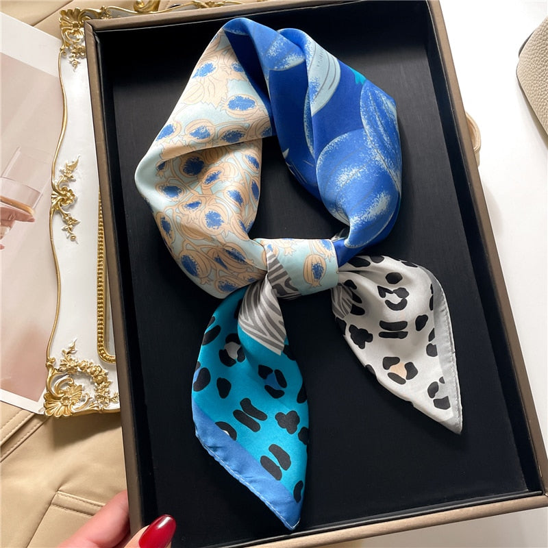 Fashion Hair Scarf for Women Decor Headband Ribbon Satin Silk Square Scarves Lady Wrist Wrap Shawls Design Bandana Foulard 2024 FJ715-1