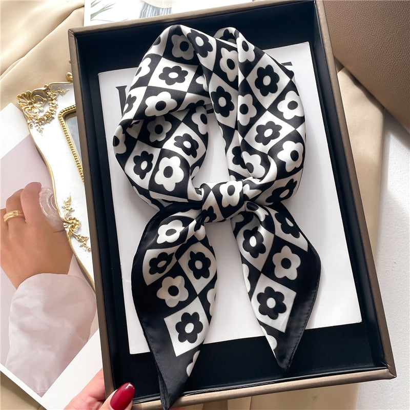 Fashion Hair Scarf for Women Decor Headband Ribbon Satin Silk Square Scarves Lady Wrist Wrap Shawls Design Bandana Foulard 2024 FJ711-2