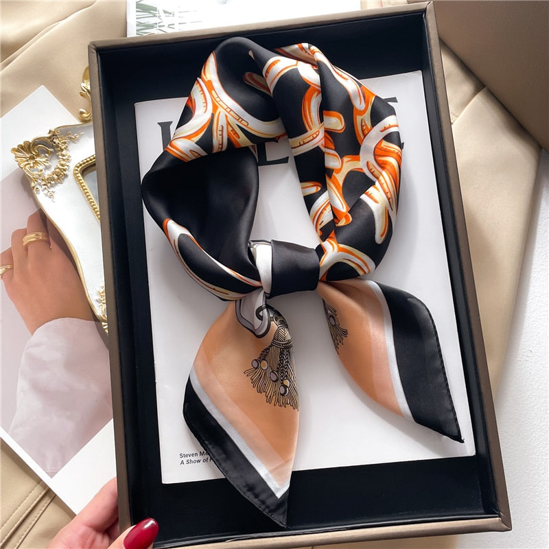 Fashion Hair Scarf for Women Decor Headband Ribbon Satin Silk Square Scarves Lady Wrist Wrap Shawls Design Bandana Foulard 2024 FJ710-2