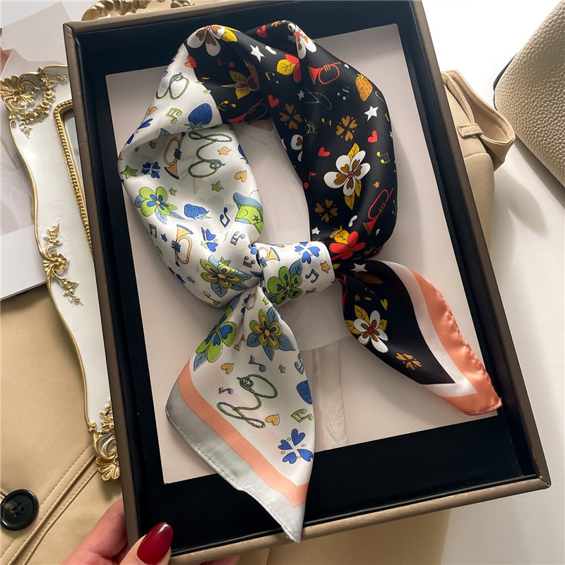Fashion Hair Scarf for Women Decor Headband Ribbon Satin Silk Square Scarves Lady Wrist Wrap Shawls Design Bandana Foulard 2024 FJ713-6