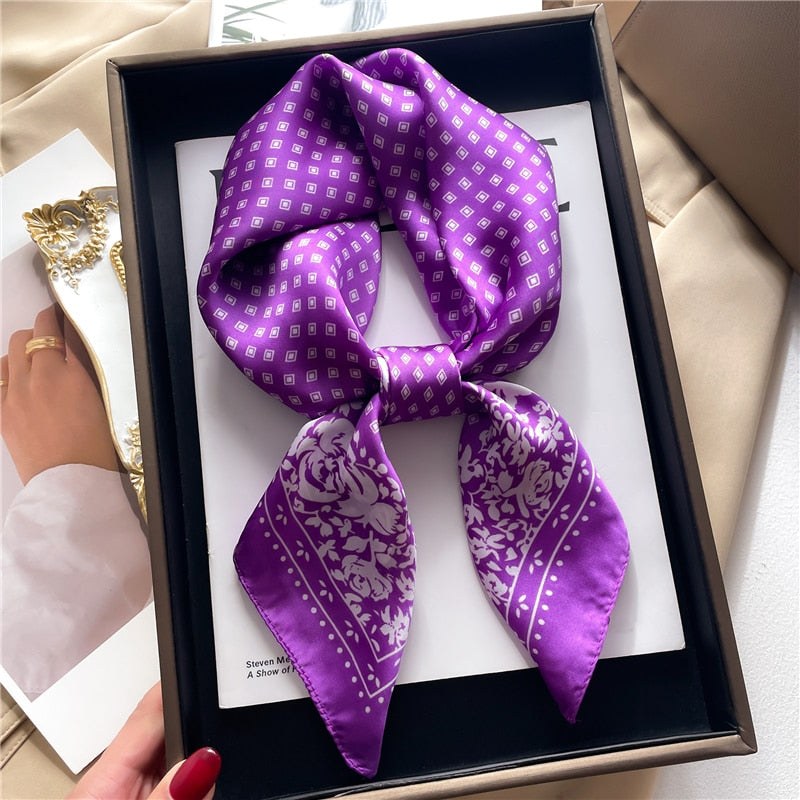 Fashion Hair Scarf for Women Decor Headband Ribbon Satin Silk Square Scarves Lady Wrist Wrap Shawls Design Bandana Foulard 2024 FJ709-6