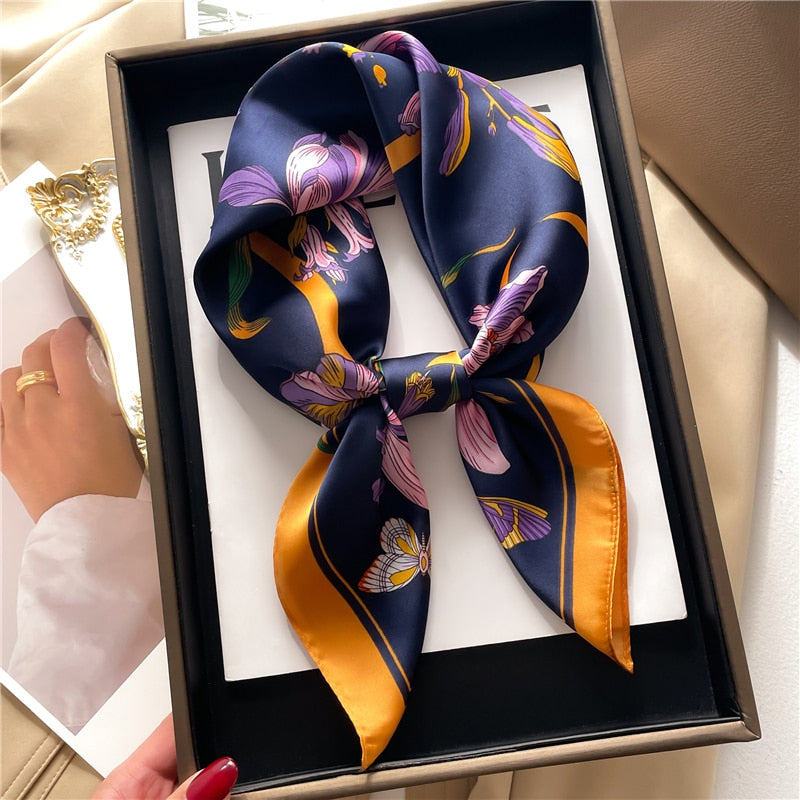 Fashion Hair Scarf for Women Decor Headband Ribbon Satin Silk Square Scarves Lady Wrist Wrap Shawls Design Bandana Foulard 2024 FJ703-2