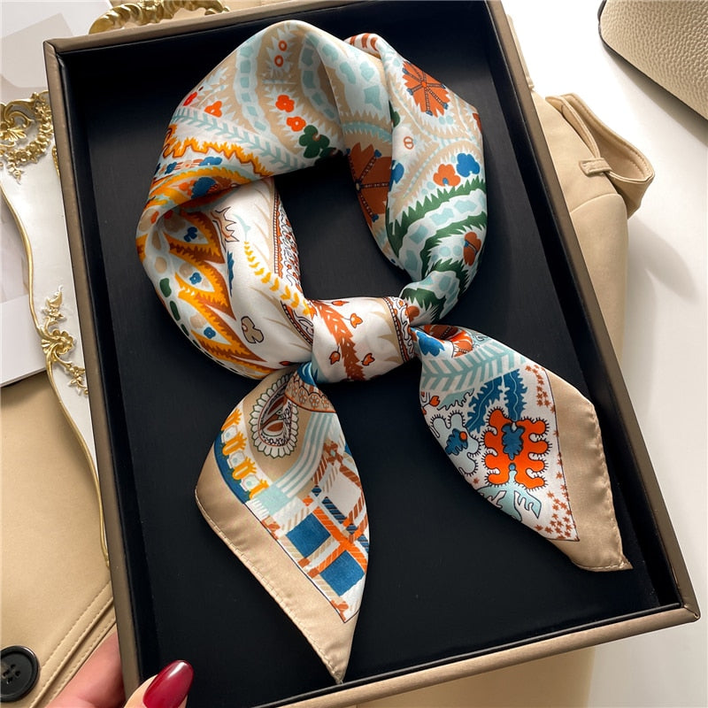 Fashion Hair Scarf for Women Decor Headband Ribbon Satin Silk Square Scarves Lady Wrist Wrap Shawls Design Bandana Foulard 2024 FJ723-2