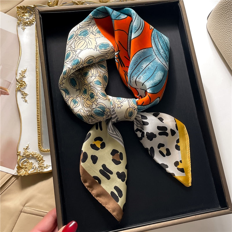 Fashion Hair Scarf for Women Decor Headband Ribbon Satin Silk Square Scarves Lady Wrist Wrap Shawls Design Bandana Foulard 2024 FJ715-2