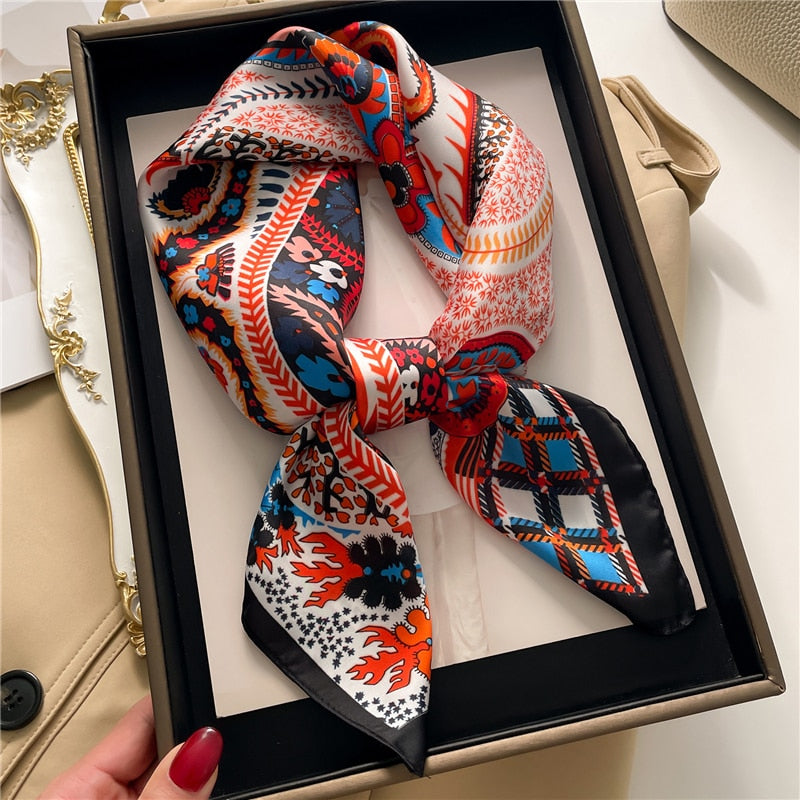 Fashion Hair Scarf for Women Decor Headband Ribbon Satin Silk Square Scarves Lady Wrist Wrap Shawls Design Bandana Foulard 2024 FJ723-3