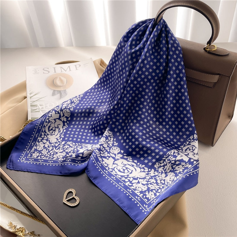 Fashion Hair Scarf for Women Decor Headband Ribbon Satin Silk Square Scarves Lady Wrist Wrap Shawls Design Bandana Foulard 2024 FJ709-1