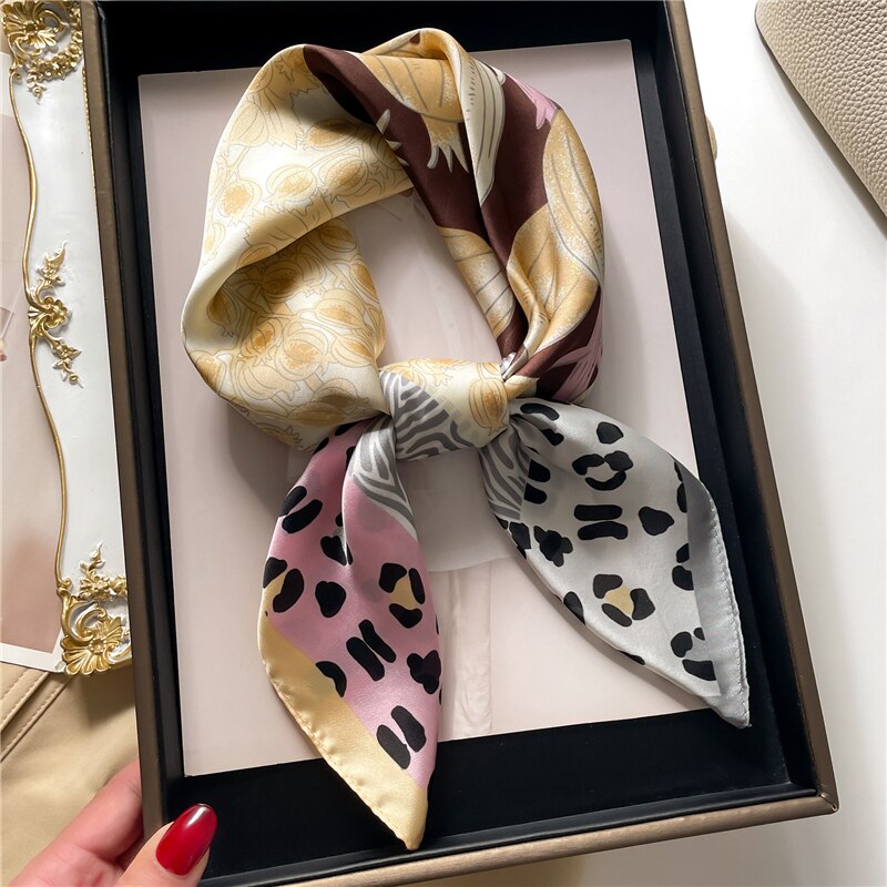 Fashion Hair Scarf for Women Decor Headband Ribbon Satin Silk Square Scarves Lady Wrist Wrap Shawls Design Bandana Foulard 2024 FJ715-3