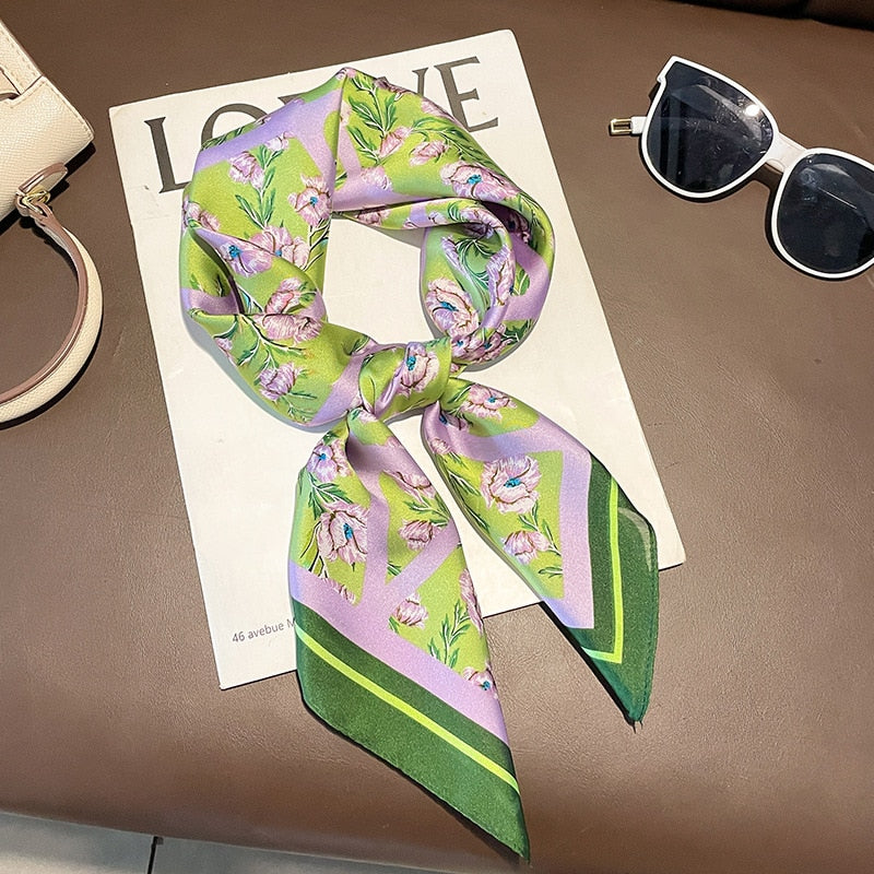 Fashion Hair Scarf for Women Headband Ribbon Satin Silk Square Scarves Lady Wrist Wrap Shawls Design Bandana Foulard 2024 W-76-5 70x70