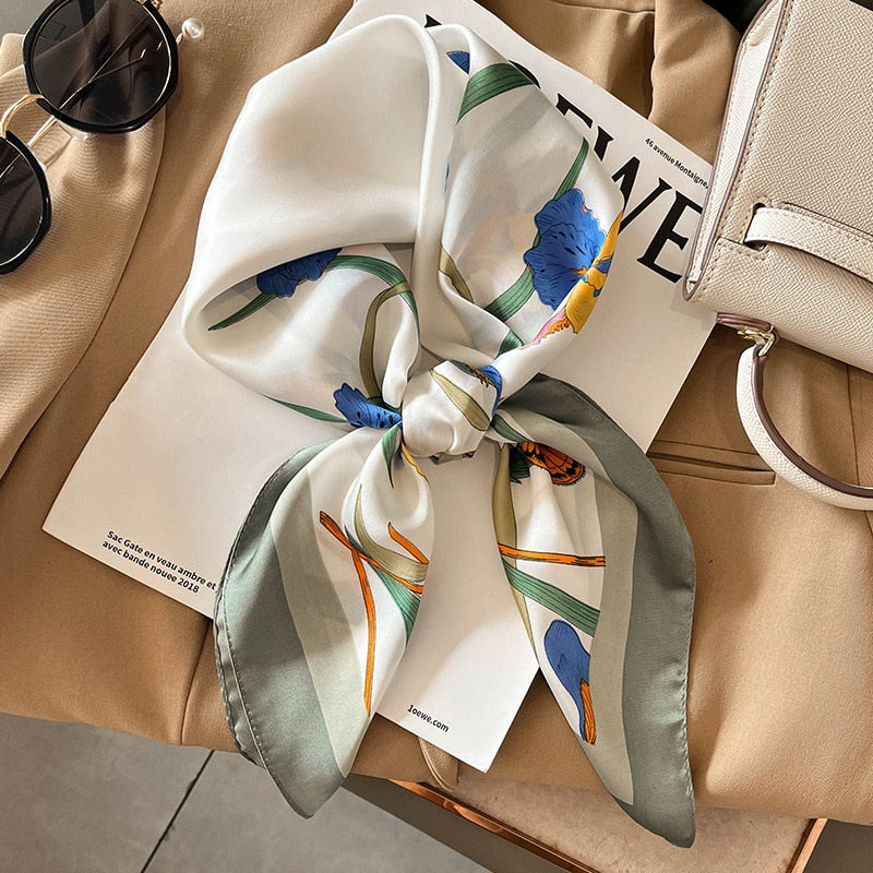 Fashion Hair Scarf for Women Headband Ribbon Satin Silk Square Scarves Lady Wrist Wrap Shawls Design Bandana Foulard 2024 W-202-1 70x70