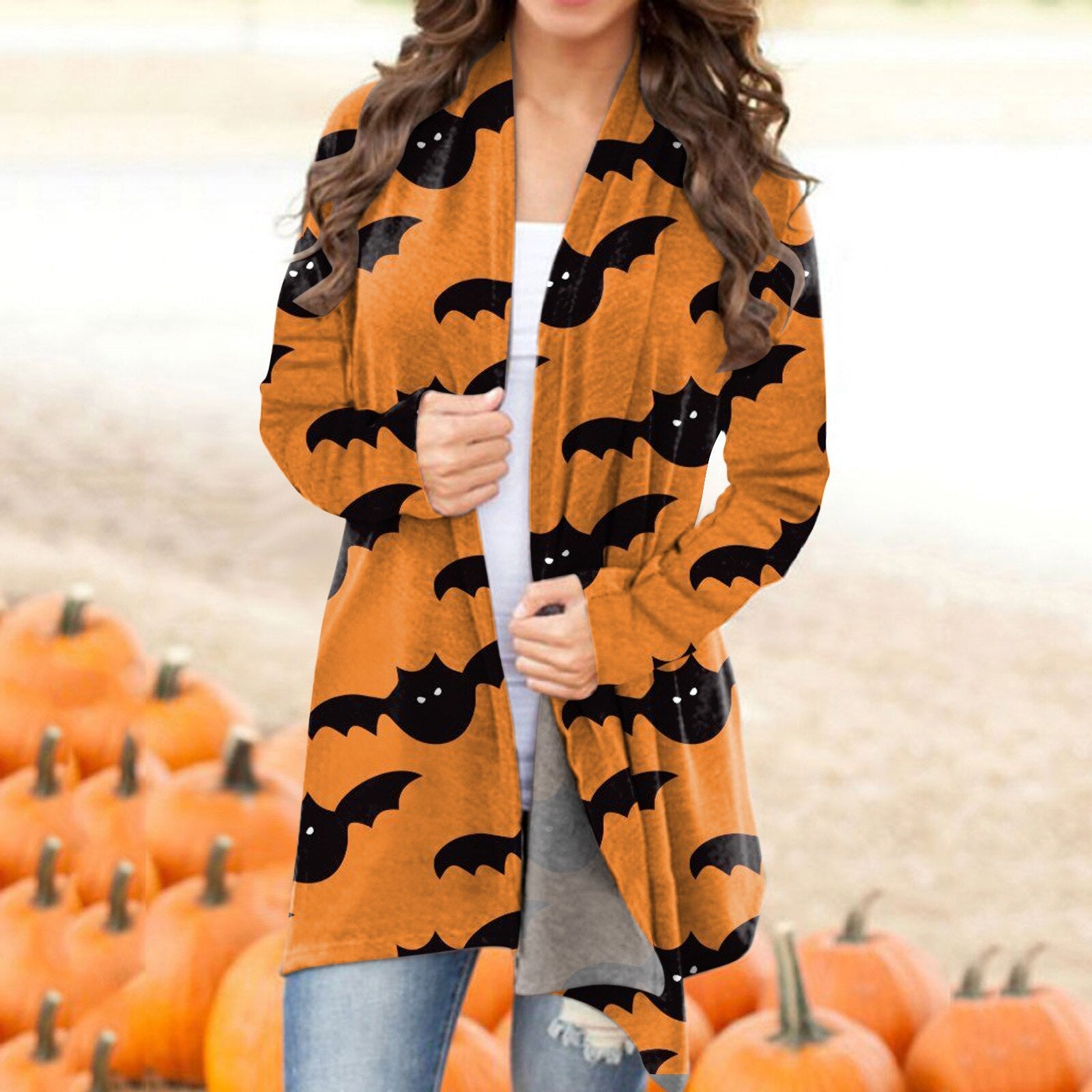 Fashion Halloween Print Cardigan Long Sleeves V-neck Button Coat Pumpkin Bat Pattern Casual Cardigans For Women Autumn Outerwear