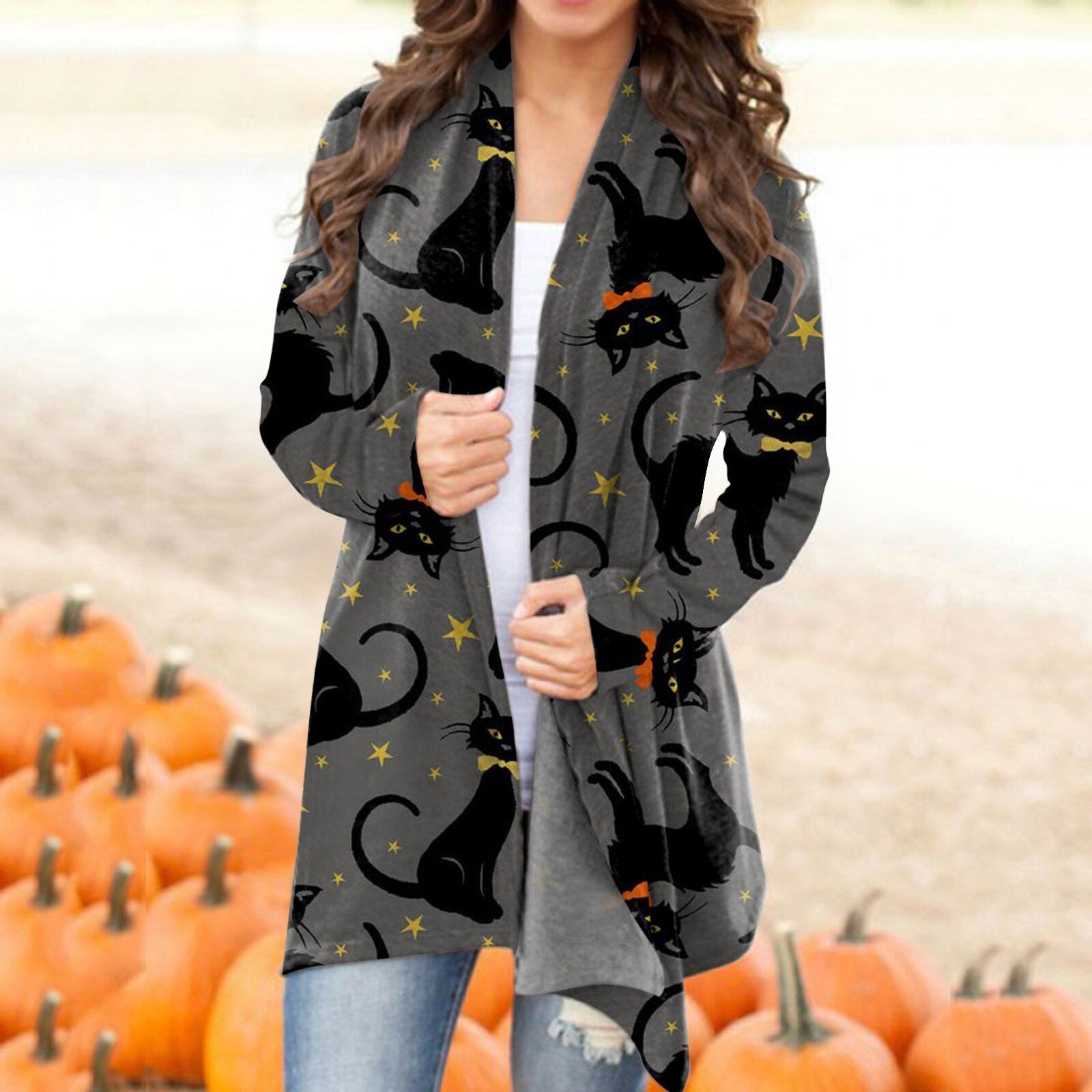 Fashion Halloween Print Cardigan Long Sleeves V-neck Button Coat Pumpkin Bat Pattern Casual Cardigans For Women Autumn Outerwear Dark Gray