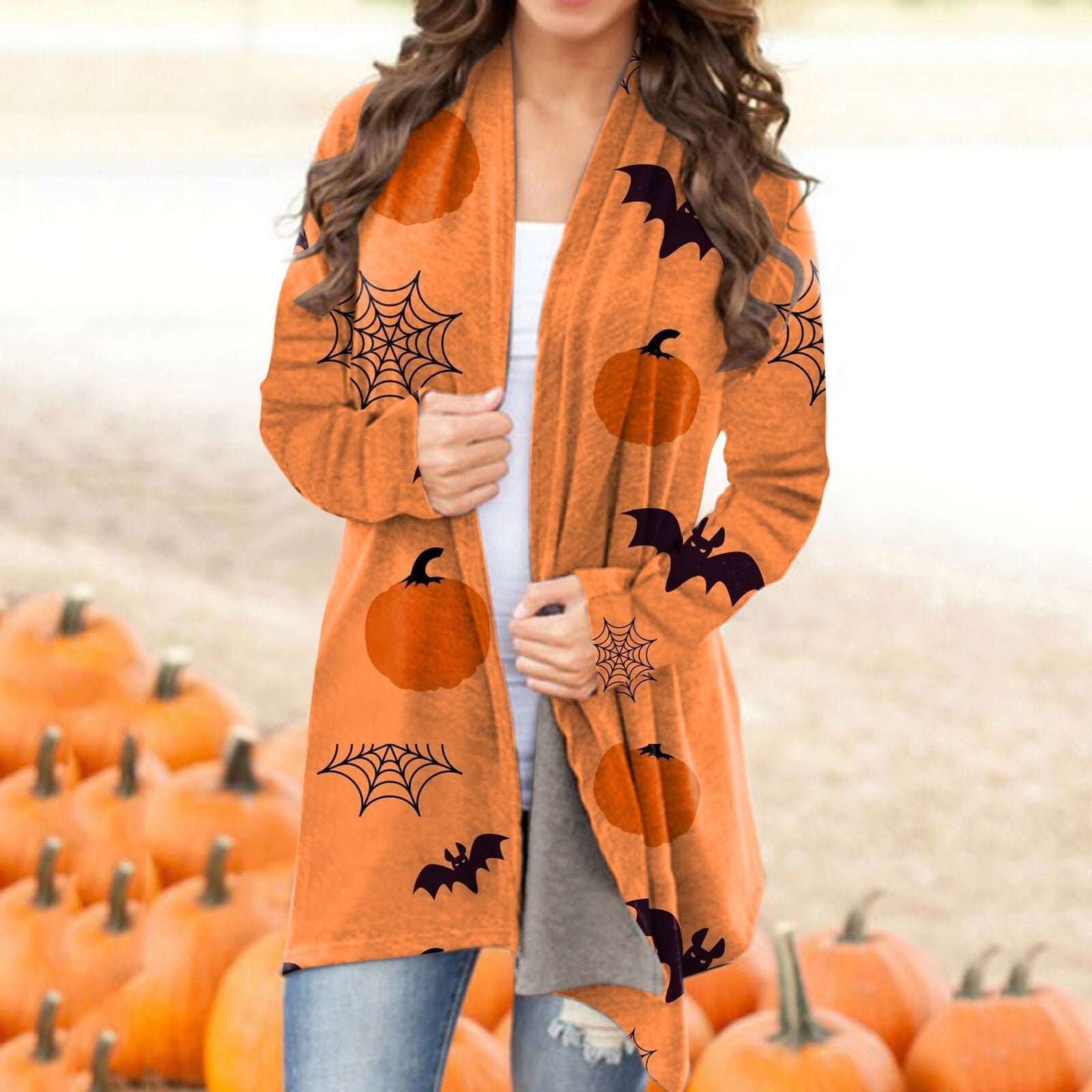 Fashion Halloween Print Cardigan Long Sleeves V-neck Button Coat Pumpkin Bat Pattern Casual Cardigans For Women Autumn Outerwear