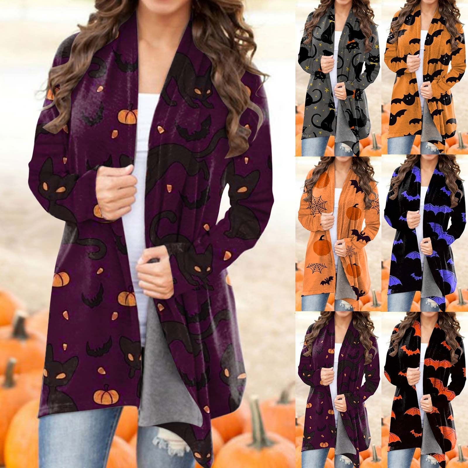 Fashion Halloween Print Cardigan Long Sleeves V-neck Button Coat Pumpkin Bat Pattern Casual Cardigans For Women Autumn Outerwear AMAIO