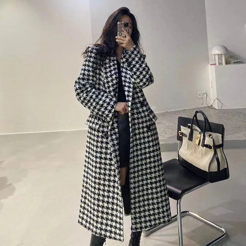 Fashion Houndstooth Faux Wool Jacket Women Autumn Korean Elegant Single Breasted Long Overcoat Winter Thick Warm Blend Outwear AMAIO