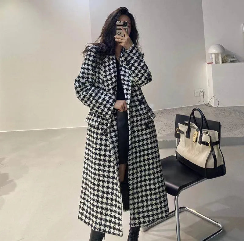 Fashion Houndstooth Faux Wool Jacket Women Autumn Korean Elegant Single Breasted Long Overcoat Winter Thick Warm Blend Outwear Thickened Black