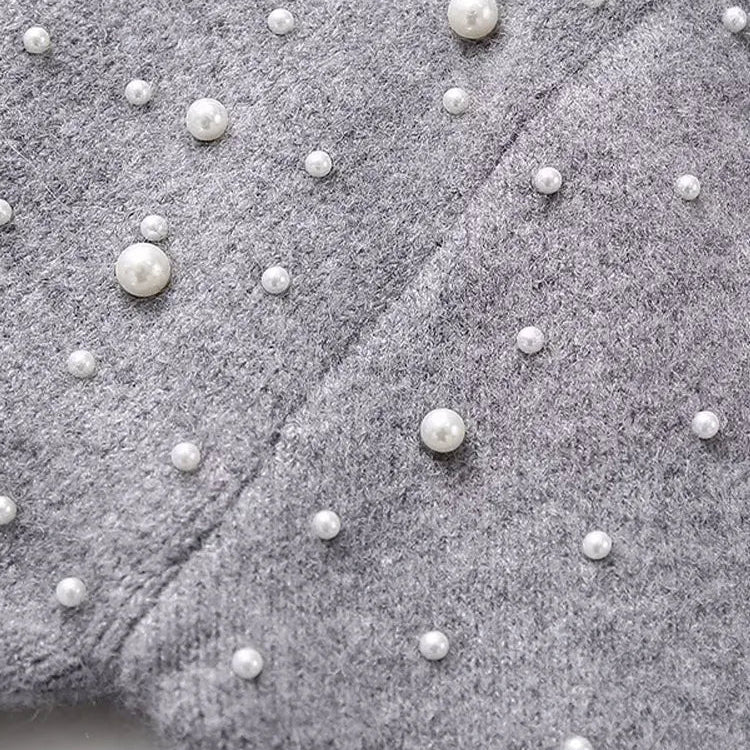 Fashion Knitted Pearl Bomber Jackets Women Vintage O-Neck Front Zipper Long Sleeved Female Coat Top Lady Grey Cropped Cardigan